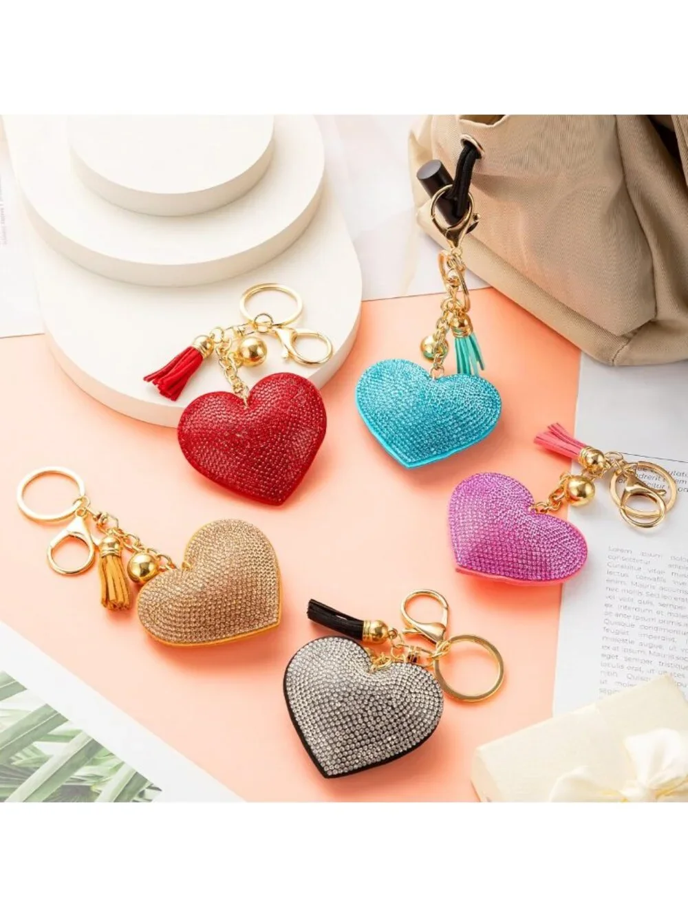 Glitter Crystal Heart Keychain Set - 10 Bling Rhinestone Tassel Handbag Charms